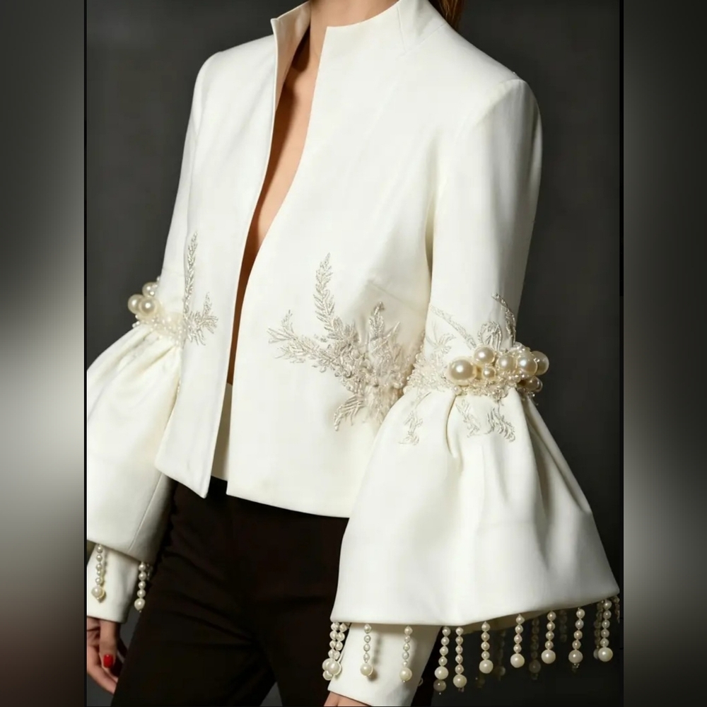 Elegant White Jacket with Pearl Embellishments - Picture 3 of 7